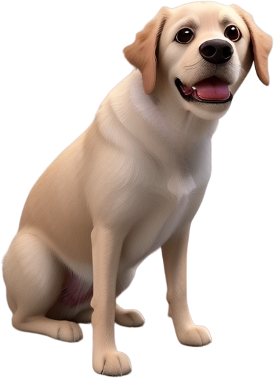 Hellblonde Labrador Retriever Hündin namens Layla sitzt seitlich und schaut aufmerksam.